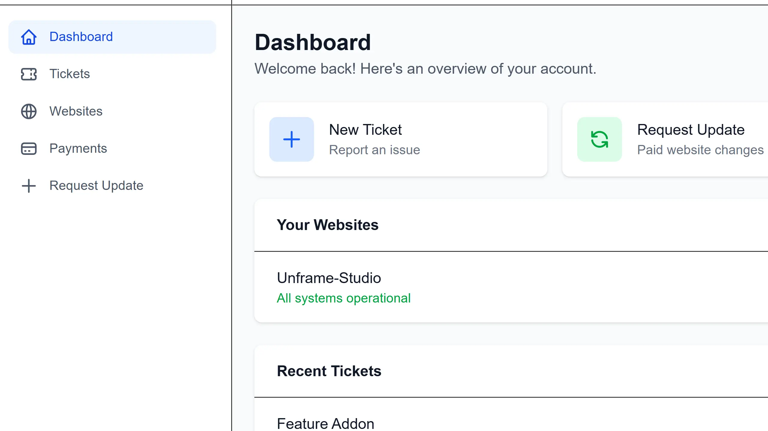Unframe Client Portal Dashboard